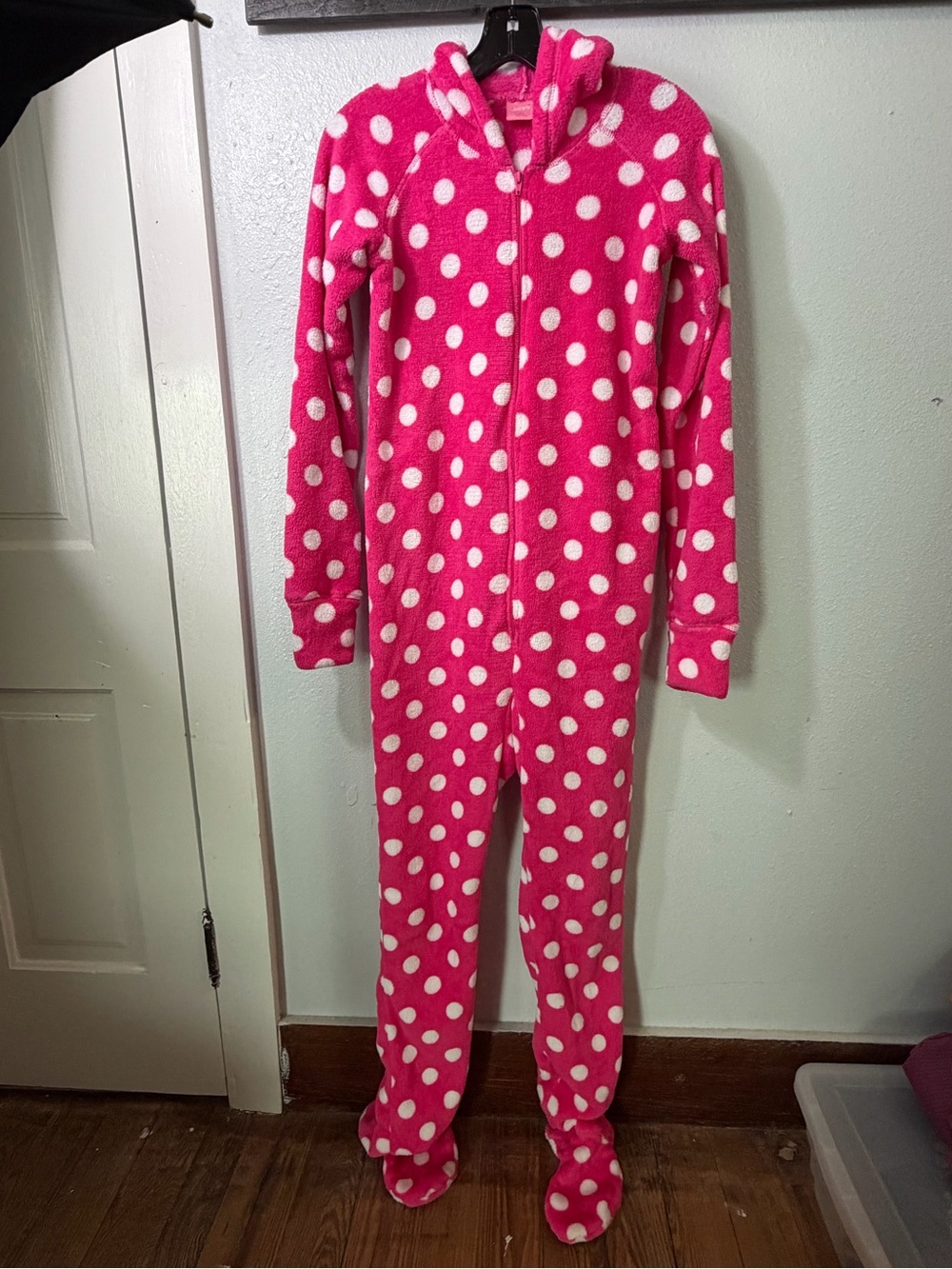 Jenni Hot Pink & White Polka Dot Fleece Hooded Footed Onesie